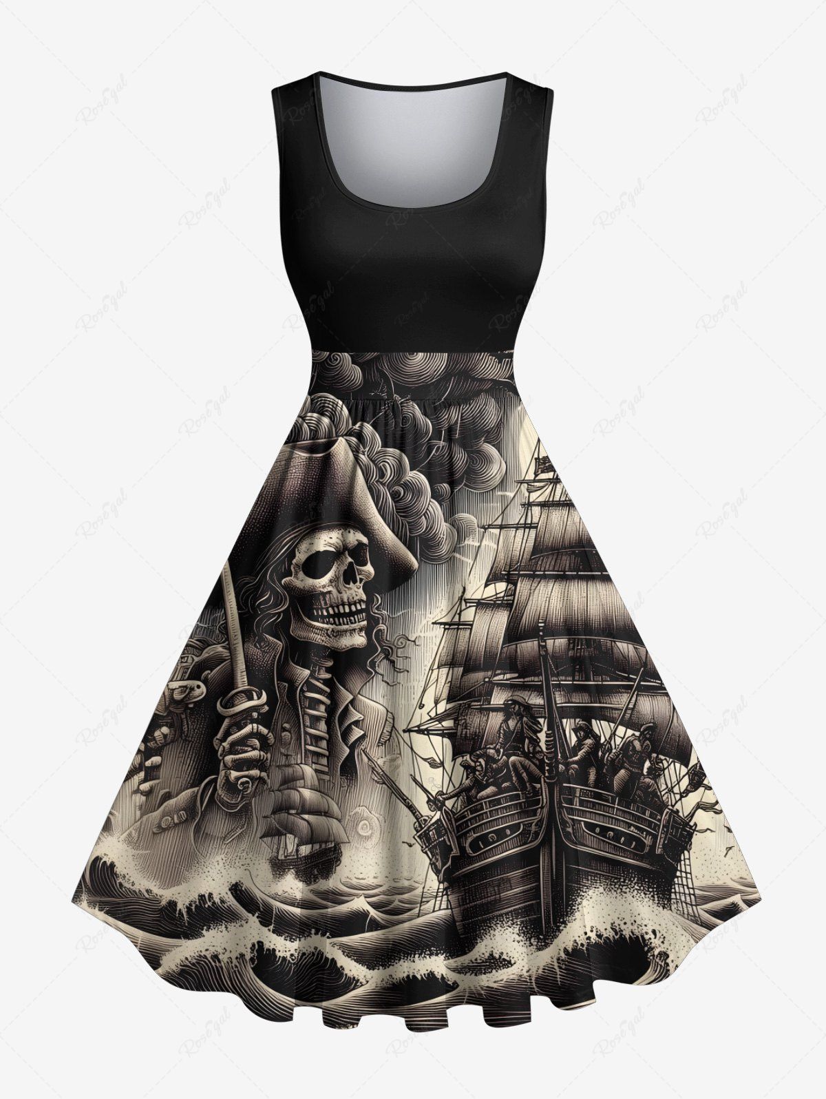 Trendy Plus Size Skull Pirate Sea Waves Ship Print 1950s Vintage Dress  