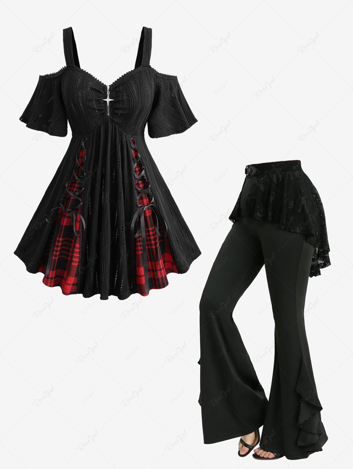 Shop Plaid Print Lace Up Hollow Out Jacquard Top and Skull Fishnet Overlay Ruffles Skirted Flare Pants Plus Size Outfit  