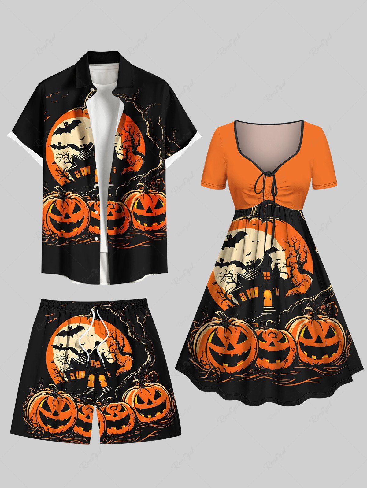 Tenue assortie grande taille pour couple, motif citrouille, lune, chauve-souris, arbre, Halloween Orange 