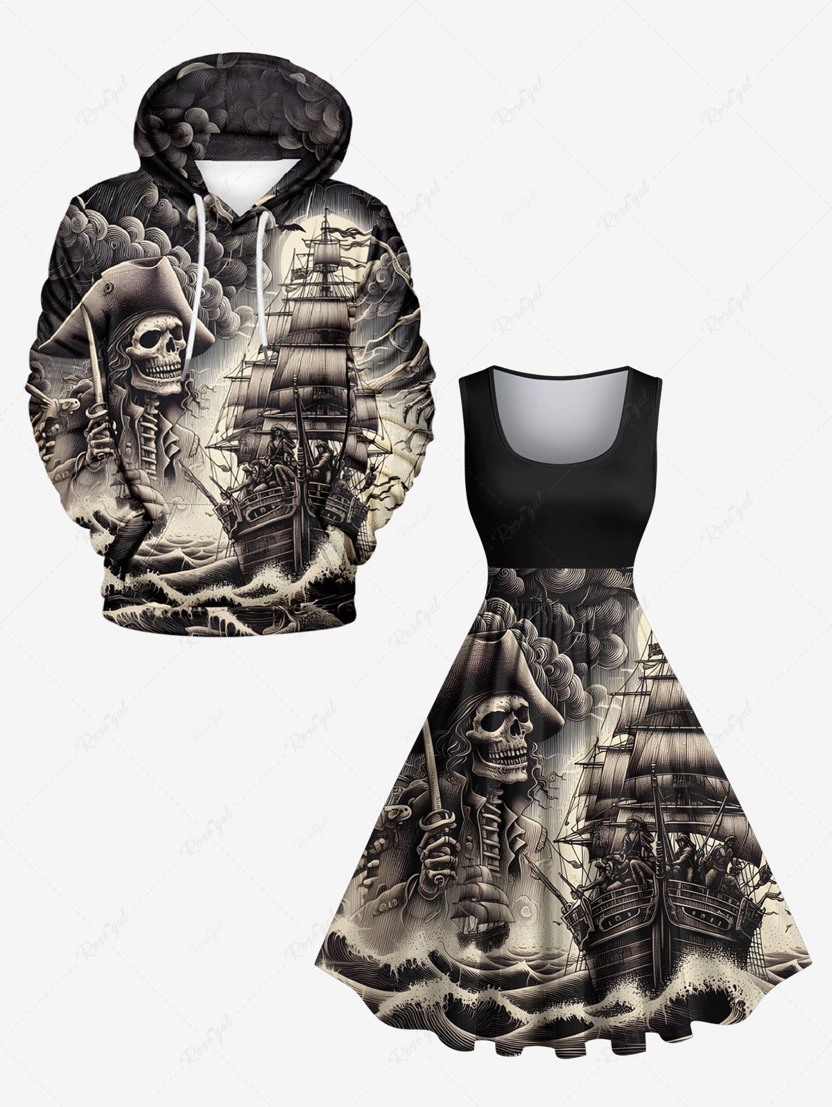 Fashion Skull Pirate Sea Waves Ship Print Plus Size Matching Outfit For Couples  
