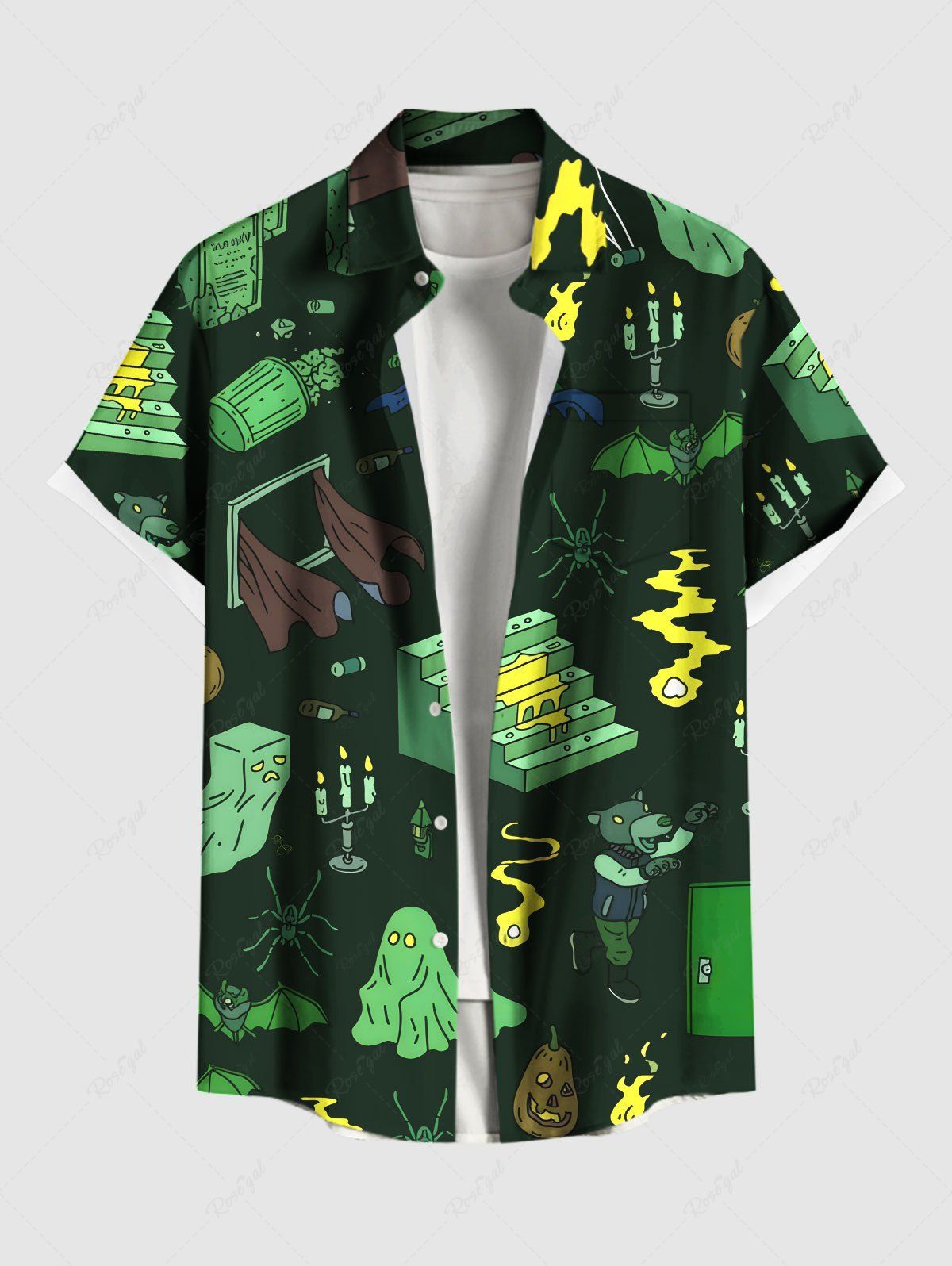 Sale Plus Size Spider Pumpkin Ghost Bat Candle Print Halloween Button Pocket Shirt For Men  