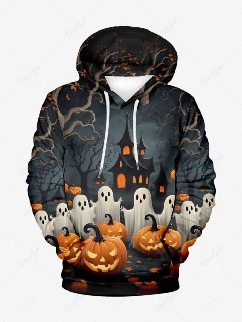 Online Plus Size Pumpkin Ghost Castle Tree Print Halloween Drawstring Pocket Pullover Hoodie For Men  