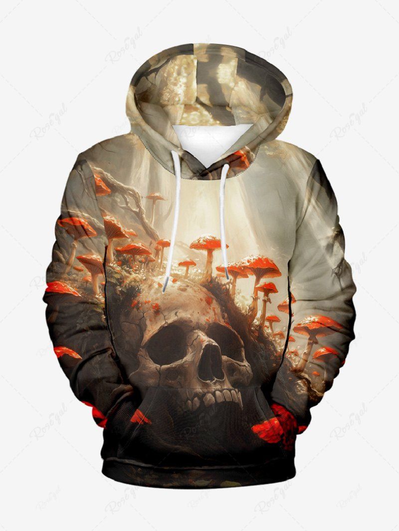 Store Plus Size Skull Mushroom Sunshine Forest Print Halloween Drawstring Pocket Pullover Hoodie For Men  