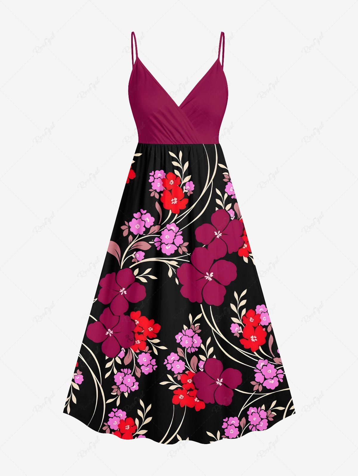 Robe caraco trapèze à imprimé floral, feuilles, branches et courbes, grande taille, style hawaïen Rouge 6X