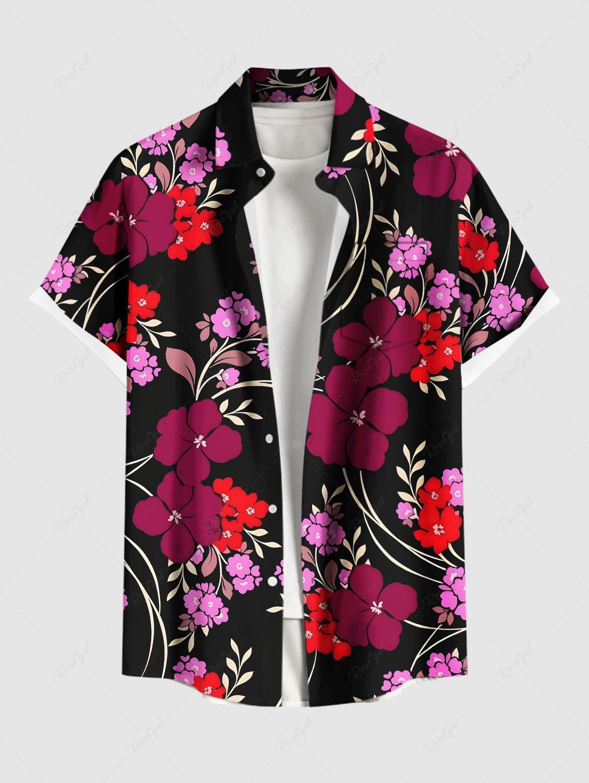 Chemise hawaïenne grande taille à imprimé floral, feuilles, branches et boutons avec poche pour homme Rouge M