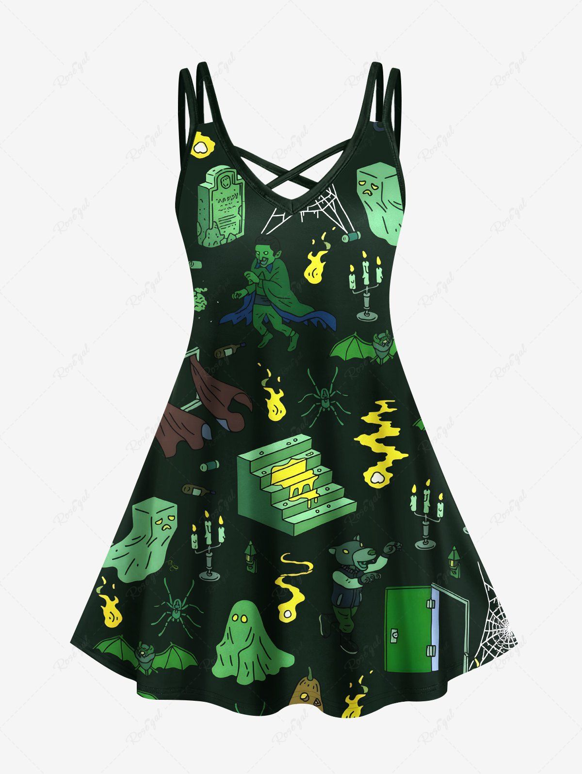 Affordable Plus Size Spider Pumpkin Ghost Bat Candle Print Halloween Crisscross A Line Cami Dress  