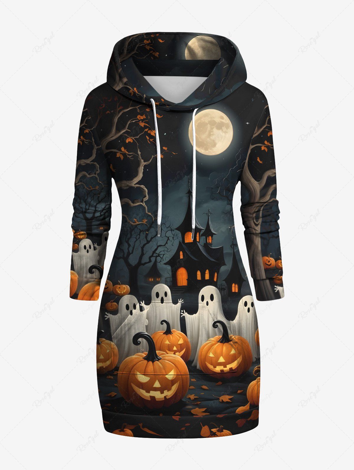Store Plus Size Pumpkin Ghost Castle Tree Print Halloween Drawstring Pocket Pullover Long Sleeves Hoodie  
