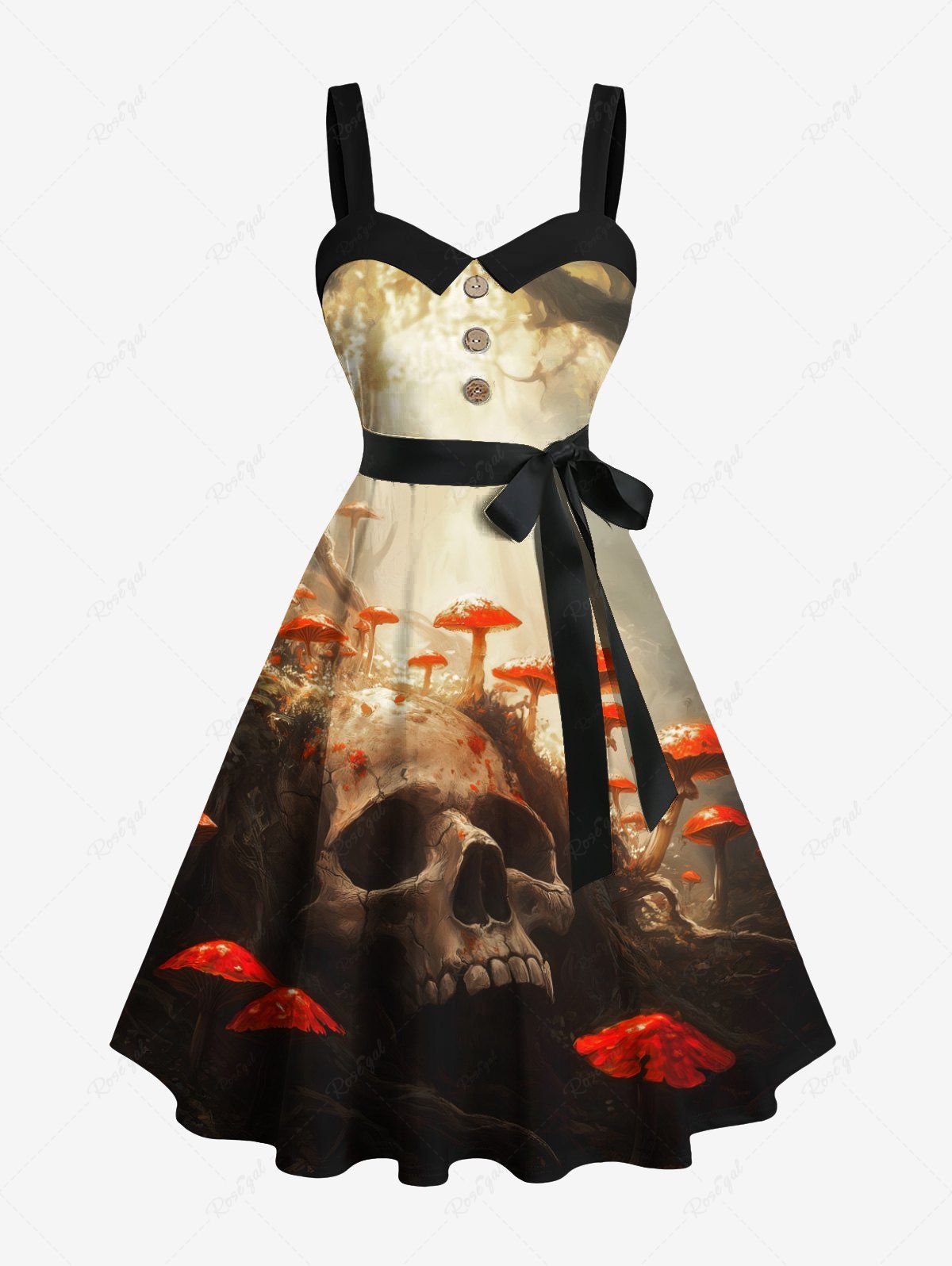 Robe trapèze boutonnée grande taille à imprimé tête de mort, champignon, forêt ensoleillée, avec ceinture amovible Noir XS