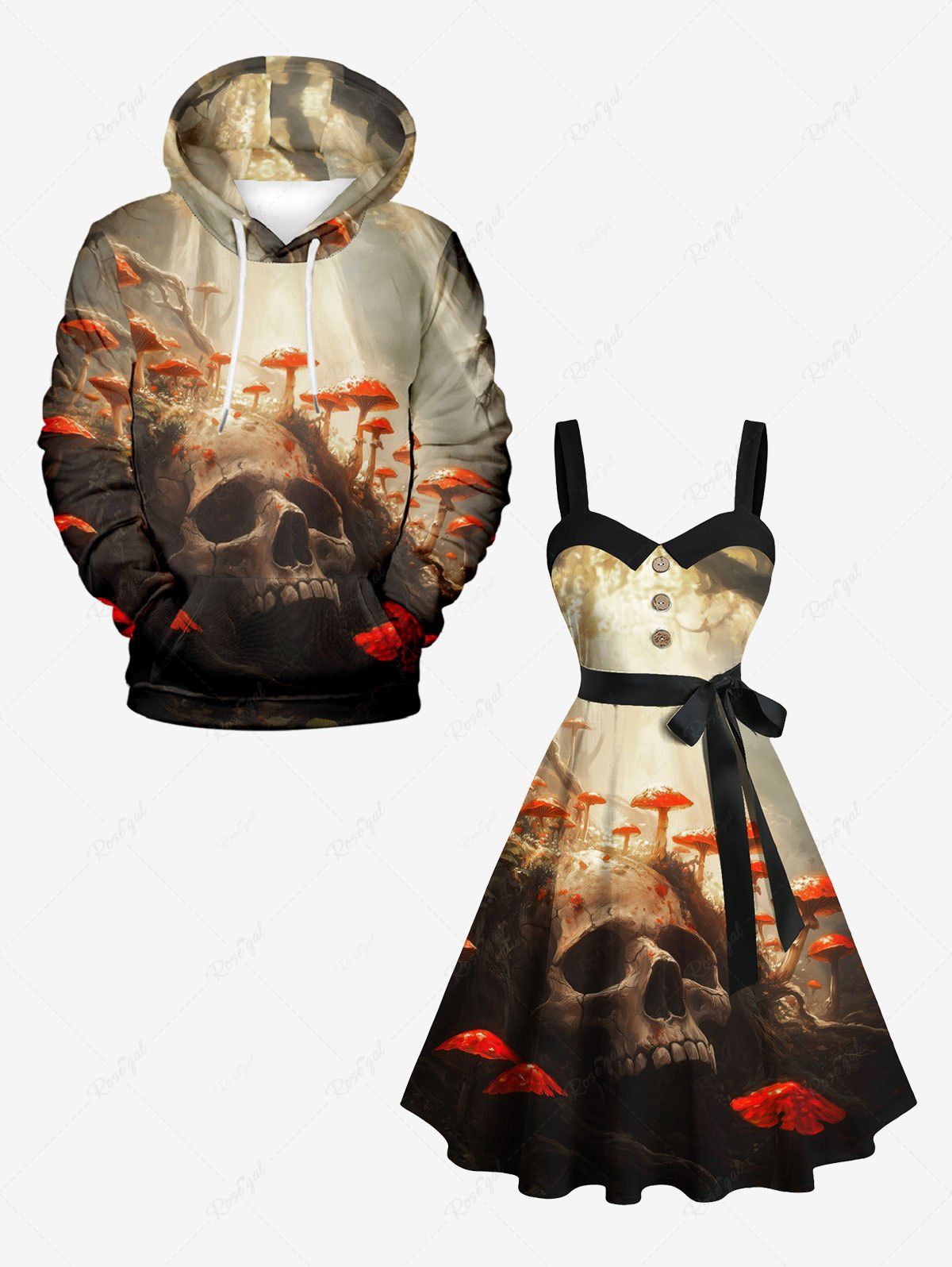 Tenue assortie grande taille pour couple, motif crâne, champignon, forêt ensoleillée, Halloween Noir 