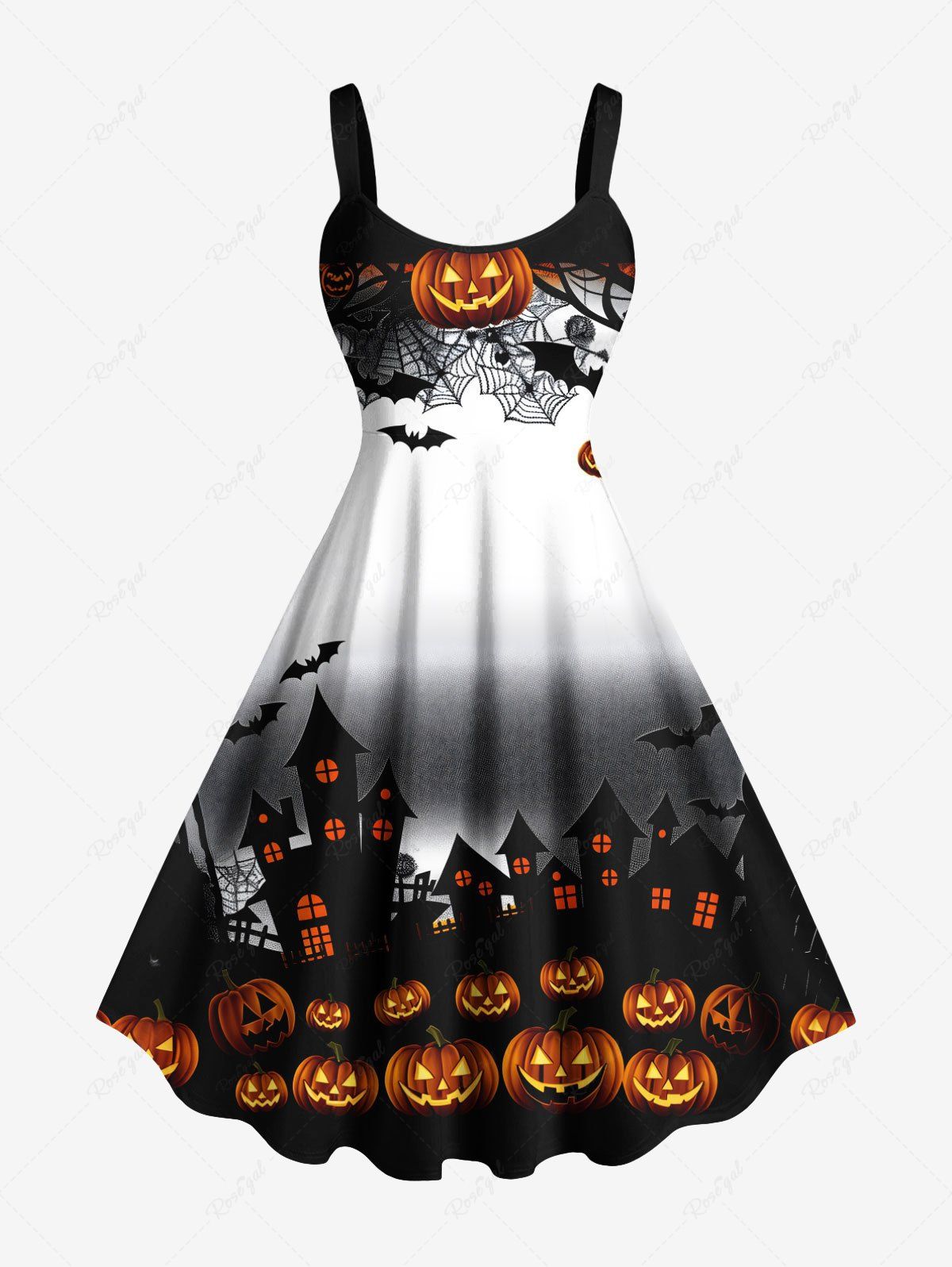 Fancy Plus Size Pumpkin Castle Bat Spider Web Ombre Print Halloween A Line Tank Dress  
