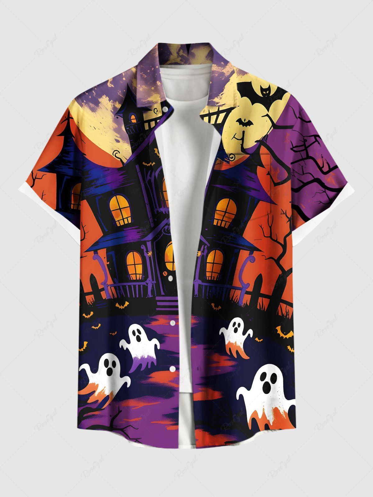 Shops Plus Size Ghost Castle Tree Bat Moon Print Halloween Button Pocket Shirt For Men  