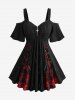 Plaid Printed Cross Zipper Hollow Out Jacquard Top and Flower Lace Chiffon Layered A Line Skirt Plus Size Outfit -  