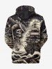 Plus Size Skull Pirate Sea Waves Ship Print Pocket Drawstring Hoodie -  