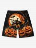 Plus Size Halloween Pumpkin Moon Bat Tree Print Beach Shorts For Men -  