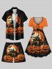 Plus Size Halloween Pumpkin Moon Bat Tree Print Beach Shorts For Men -  