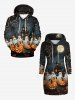 Plus Size Pumpkin Ghost Castle Tree Print Halloween Drawstring Pocket Pullover Long Sleeves Hoodie -  