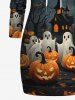 Plus Size Pumpkin Ghost Castle Tree Print Halloween Drawstring Pocket Pullover Long Sleeves Hoodie -  