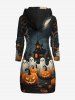 Plus Size Pumpkin Ghost Castle Tree Print Halloween Drawstring Pocket Pullover Long Sleeves Hoodie -  