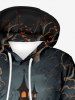Plus Size Pumpkin Ghost Castle Tree Print Halloween Drawstring Pocket Pullover Hoodie For Men -  