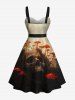 Plus Size Skull Mushroom Sunshine Forest Print Halloween Button A Line Dress with Removable Belt -  