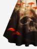 Plus Size Skull Mushroom Sunshine Forest Print Halloween Button A Line Dress with Removable Belt -  