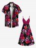 Plus Size Flower Leaf Curve Branch Print Hawaii Surplice A Line Cami Dress -  