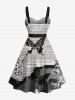 Plus Size Butterfly Plant Newspaper Print Button A Line Dress with Removable Belt -  