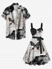 Plus Size Butterfly Plant Newspaper Print Button A Line Dress with Removable Belt -  
