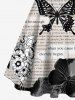 Plus Size Butterfly Plant Newspaper Print Button A Line Dress with Removable Belt -  