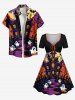 Plus Size Ghost Castle Tree Bat Moon Print Halloween Cinched A Line Dress -  