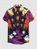 Plus Size Ghost Castle Tree Bat Moon Print Halloween Button Pocket Shirt For Men -  