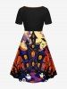 Plus Size Ghost Castle Tree Bat Moon Print Halloween Cinched A Line Dress -  
