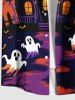 Plus Size Ghost Castle Tree Bat Moon Print Halloween Button Pocket Shirt For Men -  