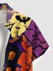 Plus Size Ghost Castle Tree Bat Moon Print Halloween Button Pocket Shirt For Men -  