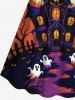 Plus Size Ghost Castle Tree Bat Moon Print Halloween Cinched A Line Dress -  