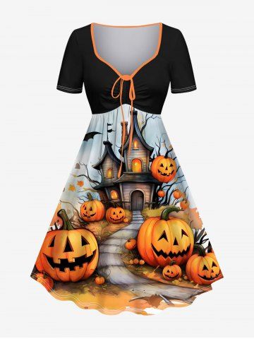Plus Size Halloween Pumpkin Castle Bat Print Cinched Dress - BLACK - 6X