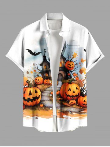 Plus Size Halloween Pumpkin Castle Bat Print Buttons Pocket Shirt For Men - WHITE - 6XL