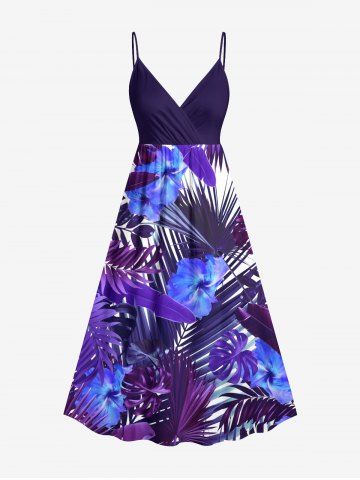 Plus Size Hibiscus Flowers Tropical Leaf Print Surplice Hawaii Cami Dress - BLUE - 6X