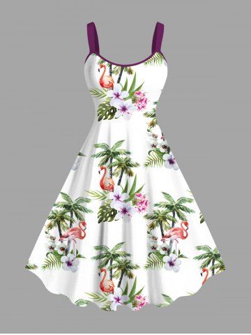 Plus Size Coconut Tree Flamingo Flowers Leaf Print Hawaii Tank Dress - WHITE - XS