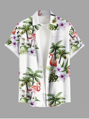 Plus Size Coconut Tree Flamingo Flowers Leaf Print Buttons Pocket Hawaii Shirt For Men - WHITE - 3XL