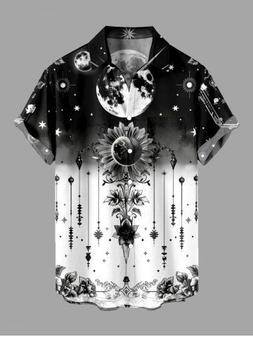 Plus Size Galaxy Sunflowers Star Ombre Print Buttons Pocket Hawaii Shirt For Men