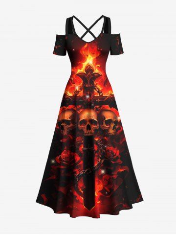 Plus Size Halloween Skulls Fire Flame Rose Flower Cross Print Cold Shoulder Crisscross Maxi Dress - RED - M