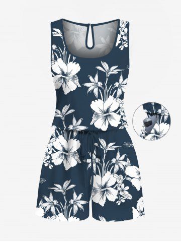 Plus Size Hibiscus Flowers Leaf Tropical Leaf Print Cinched Hawaii Romper