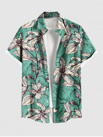 Plus Size Flowers Leaf Print Buttons Pocket Hawaii Shirt For Men - GREEN - 5XL