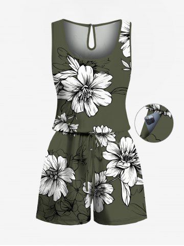 Plus Size Flowers Leaf Tropical Leaf Print Cinched Hawaii Romper - ARMY GREEN - 4X