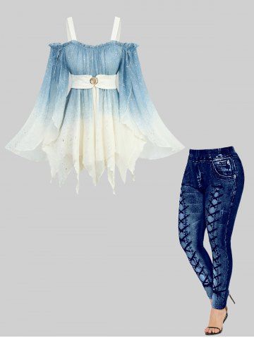 Hot Stamping Ombre Print Flare Sleeves Blouse and High Waisted Leggings Plus Size Outfit - BLUE