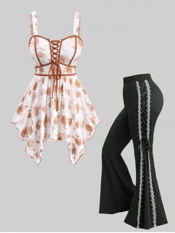 Ombre Flower Printed Handkerchief Top and Lace Up Lace-trim Grommet Two Tone Flare Pants Plus Size Outfit - WHITE