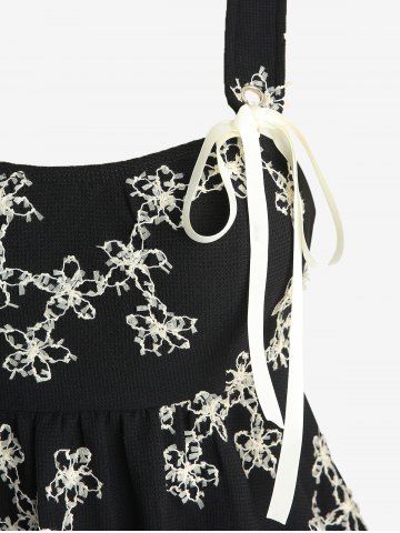 Floral Jacquard Textured Backless Top and Lace Up Lace-trim Grommet Two Tone Flare Pants Plus Size Outfit