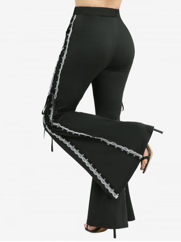 Floral Jacquard Textured Backless Top and Lace Up Lace-trim Grommet Two Tone Flare Pants Plus Size Outfit