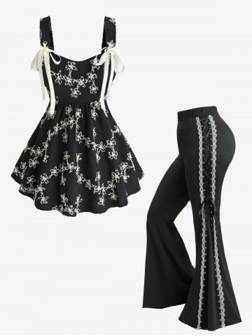 Floral Jacquard Textured Backless Top and Lace Up Lace-trim Grommet Two Tone Flare Pants Plus Size Outfit - BLACK